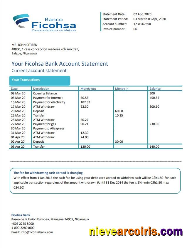 Nicaragua Banco Ficohsa bank statement